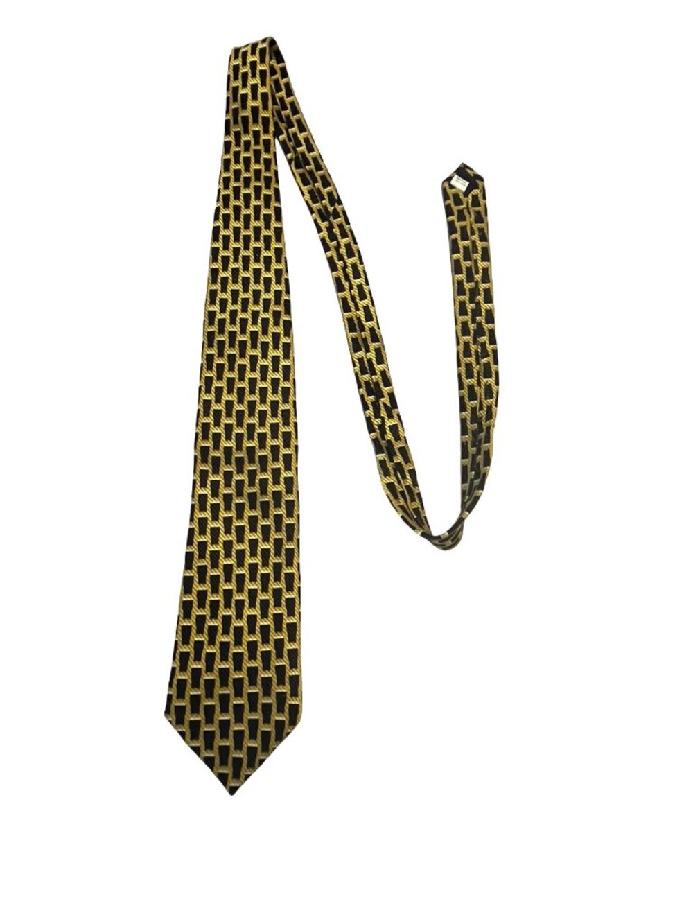 Irish Print Pure Silk Tie Black Gold Geometric Pattern Ireland Vintage